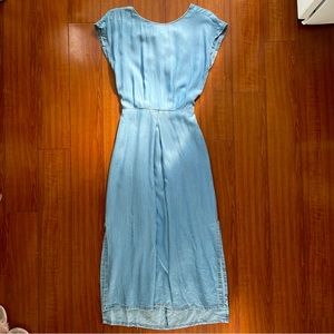 Light Blue Midi Dress with Waist Tie - Women